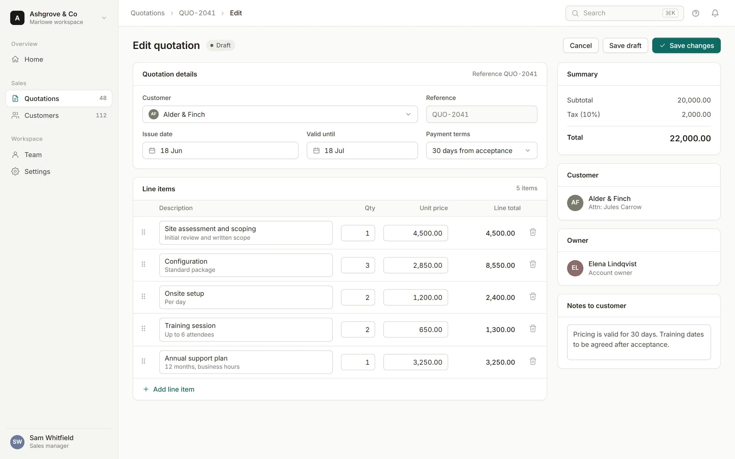 Fictional quotation editing screen with customer and date fields, an editable table of five line items with quantities, unit prices and totals, and a summary showing subtotal, tax and grand total.